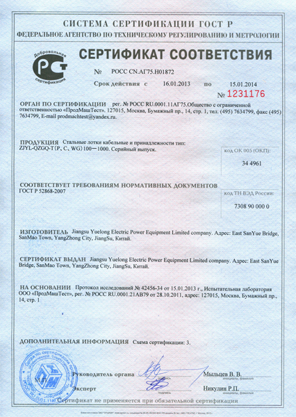 Gost certification of cable tray